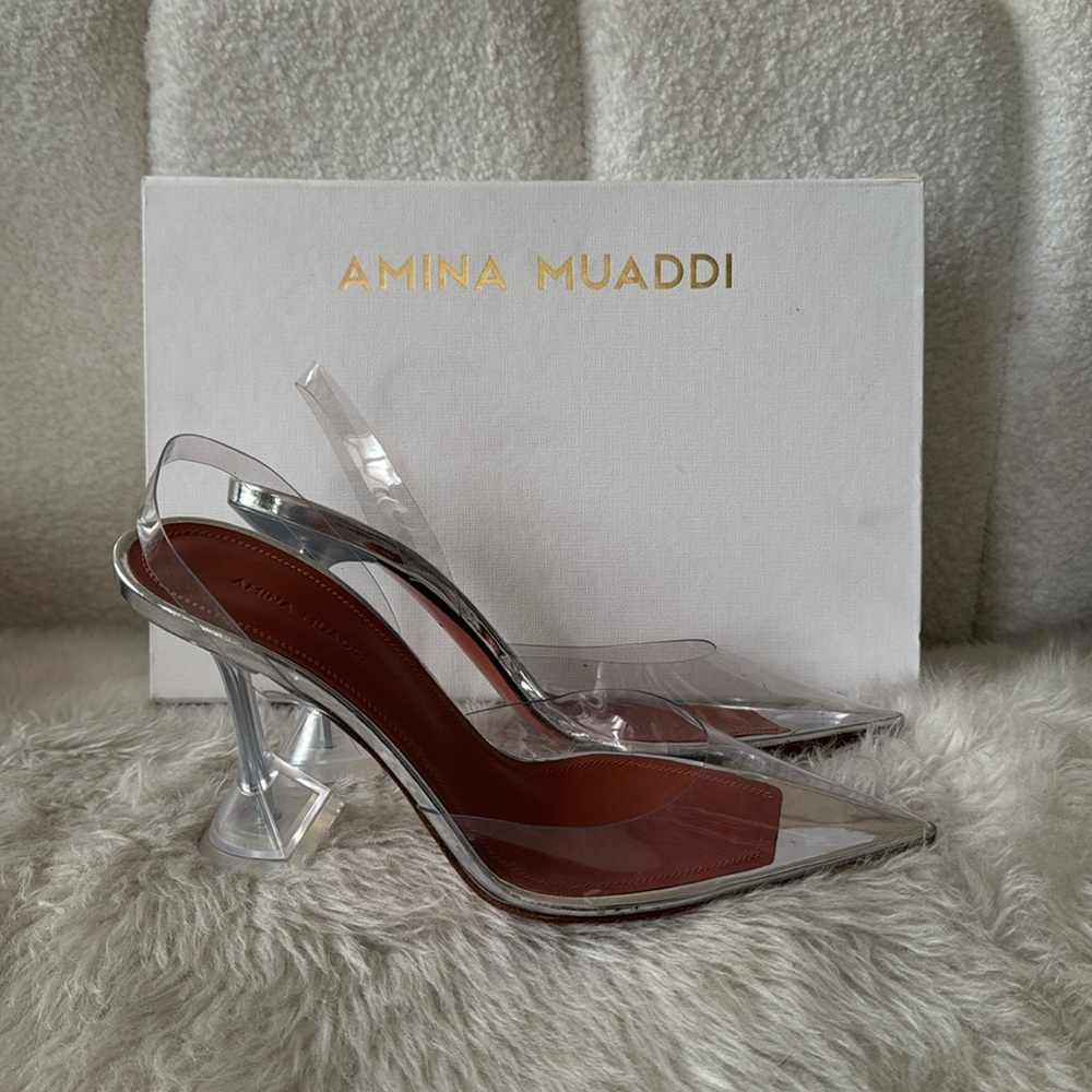 Amina Muaddi Clear and Brown Heels